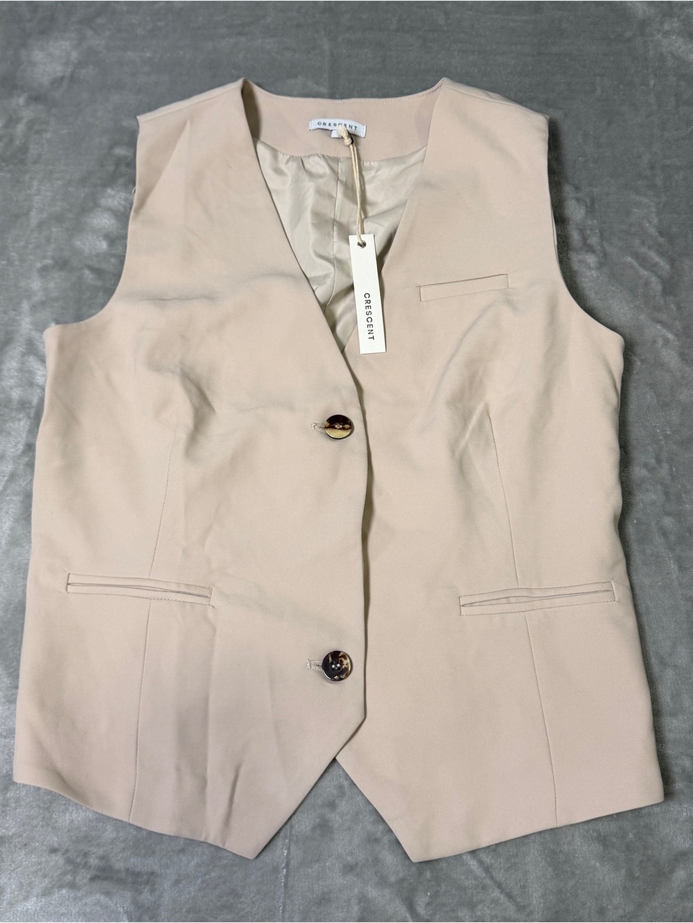 Crescent Beige Blazer Vest Tailored Waistcoat Cinch Back Career NWT Women's L